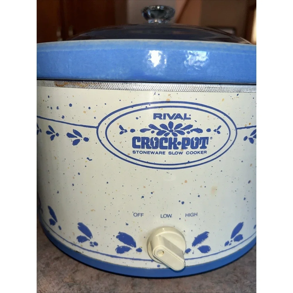 Vintage Rival 5 Qt Crock Pot Slow Cooker Blue Stoneware Model 3355 Glass Lid Wrk